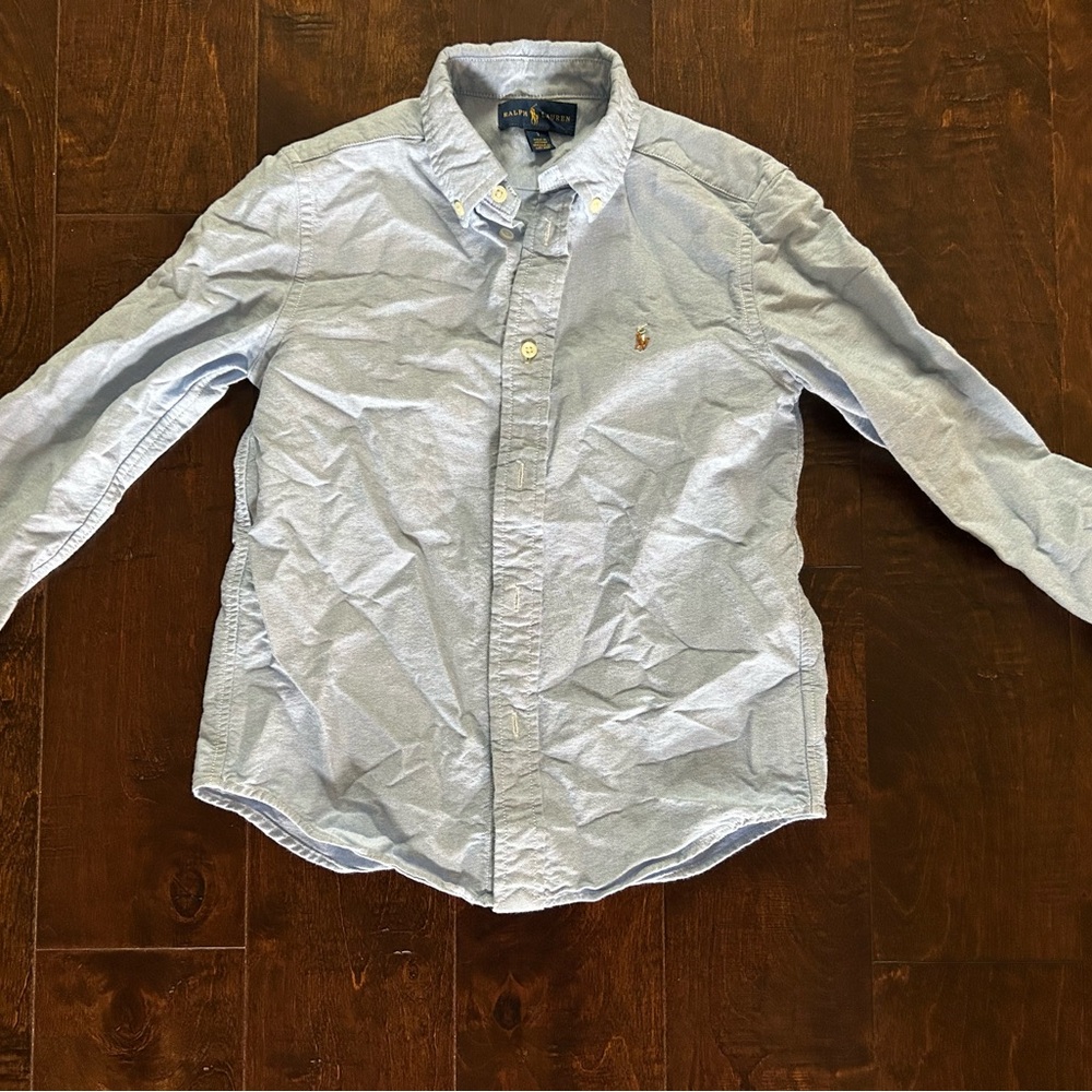 Boys Ralph Lauren button solid Blue down shirt.
